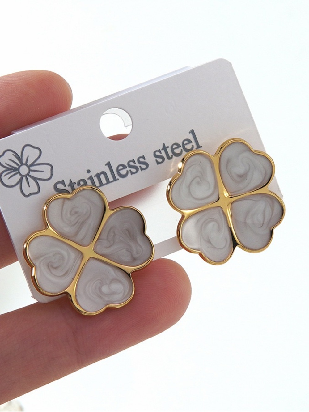 Gold-Tone White Clover Stainless Steel Stud Earrings